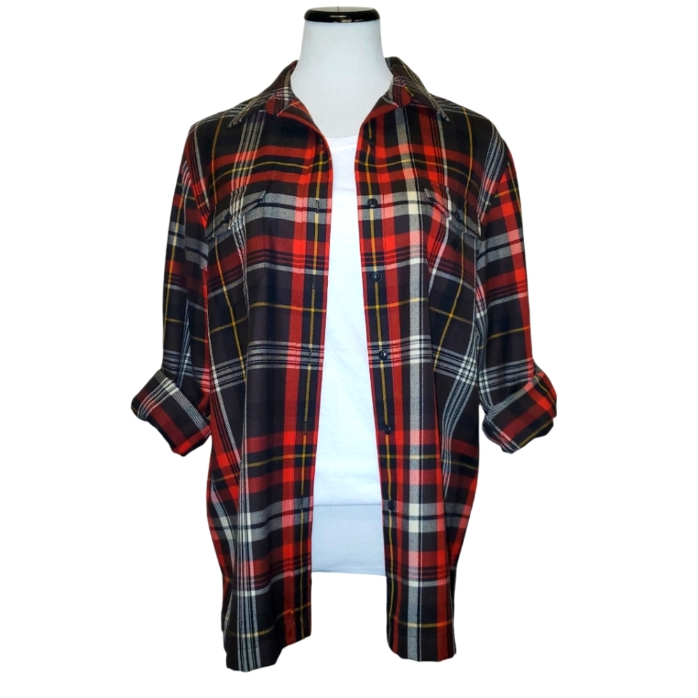 LAUREN RALPH LAUREN Red/Brown Worsted Wool Plaid Button-up Shacket Women's‎ SZ L
